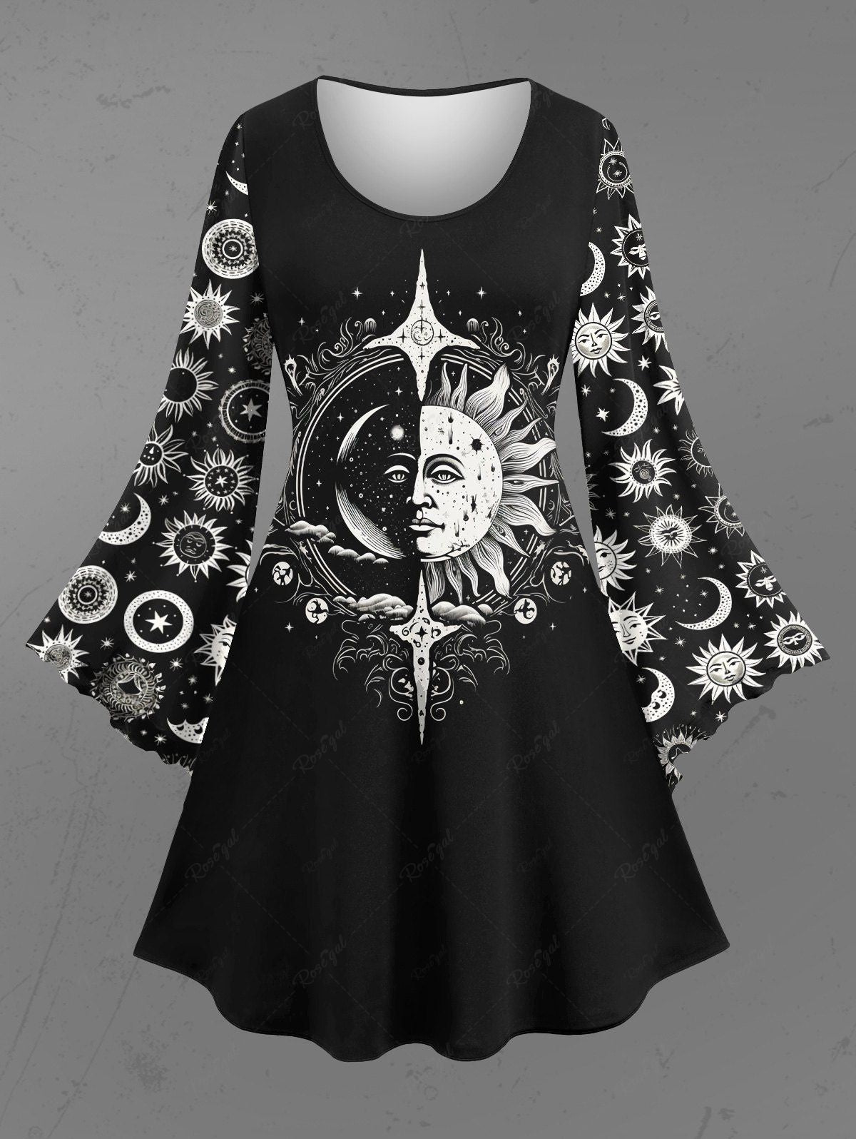 Gothic Plus Size Sun Moon Star Face Print Flare Sleeves A Line Dress