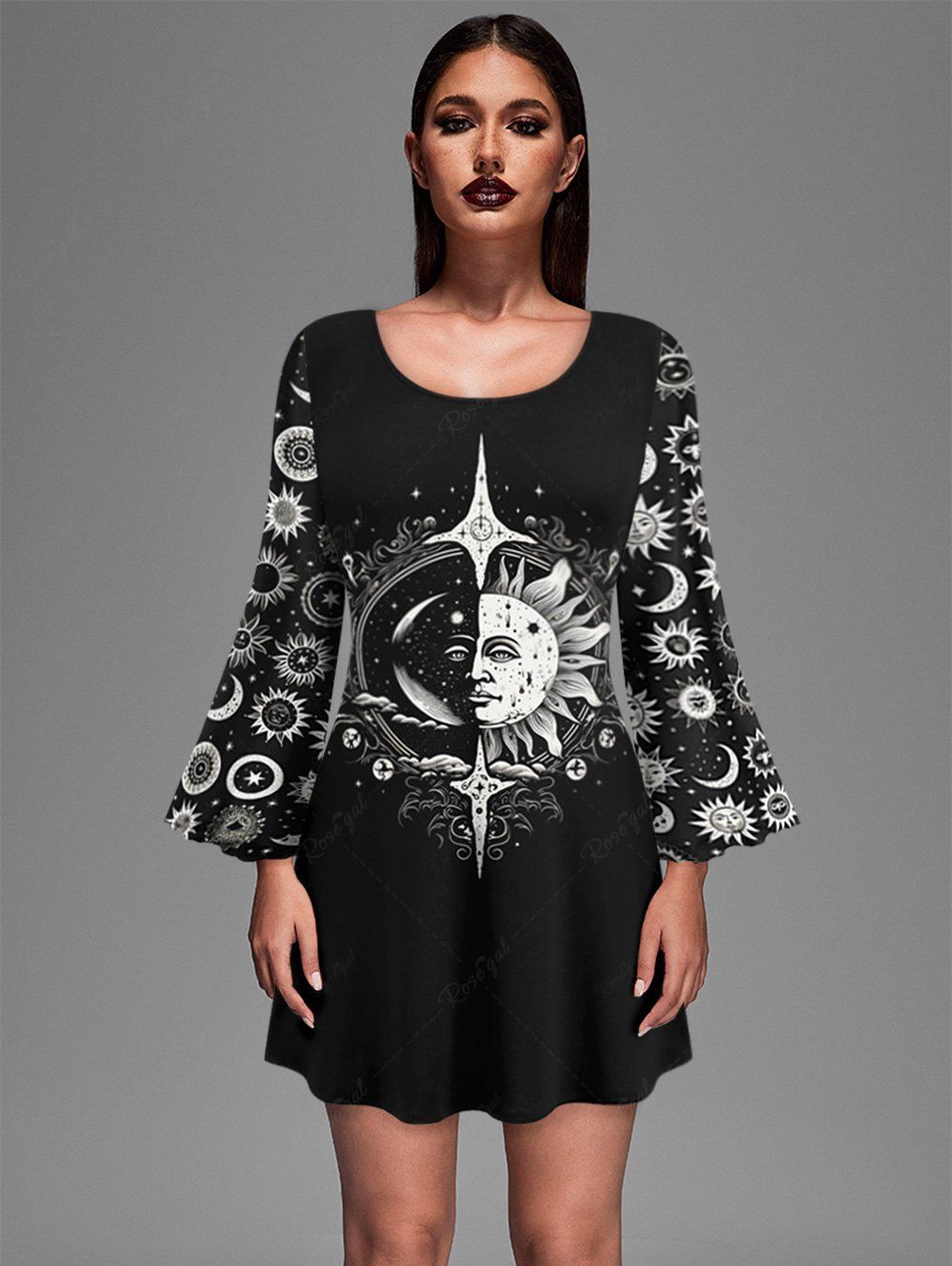 Gothic Plus Size Sun Moon Star Face Print Flare Sleeves A Line Dress