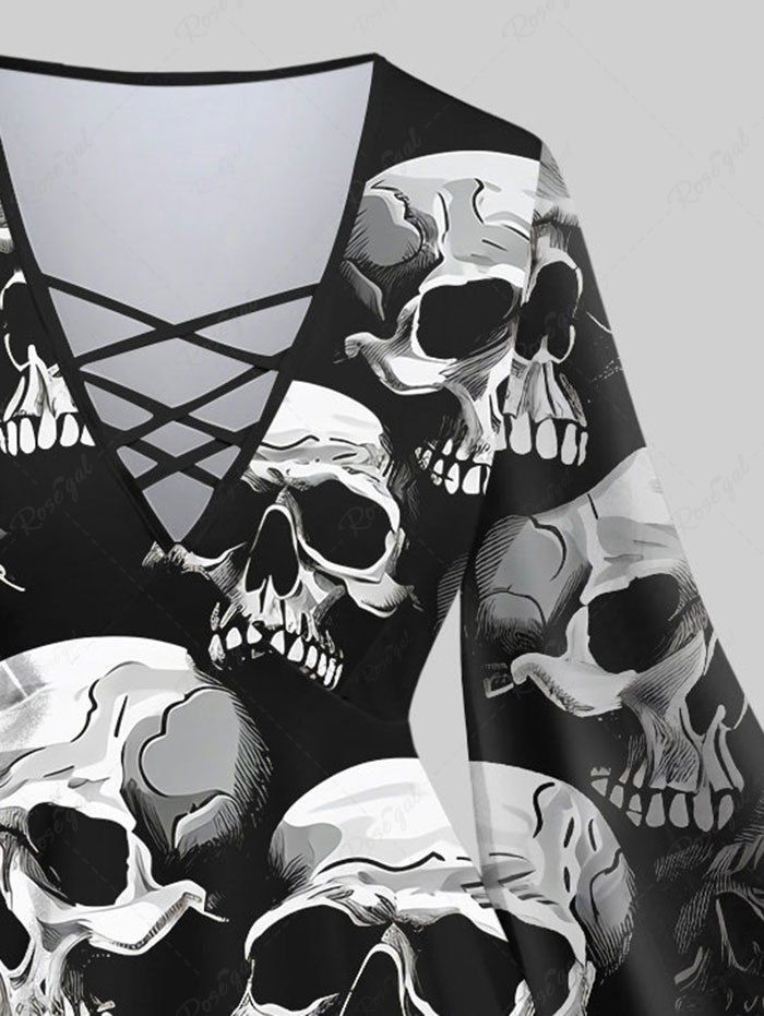 Gothic Plus Size 3D Skulls Print Flare Sleeves Lattice Halloween Blouse