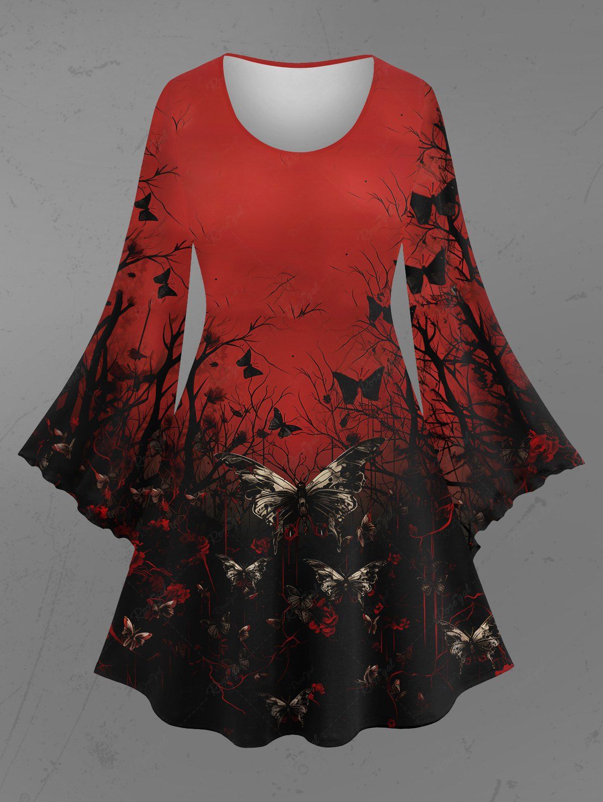 Gothic Plus Size Valentine's Day Butterfly Tree Branch Floral Print Flare Sleeves Ombre A Line Dress