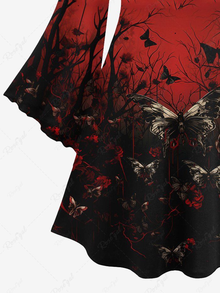 Gothic Plus Size Valentine's Day Butterfly Tree Branch Floral Print Flare Sleeves Ombre A Line Dress