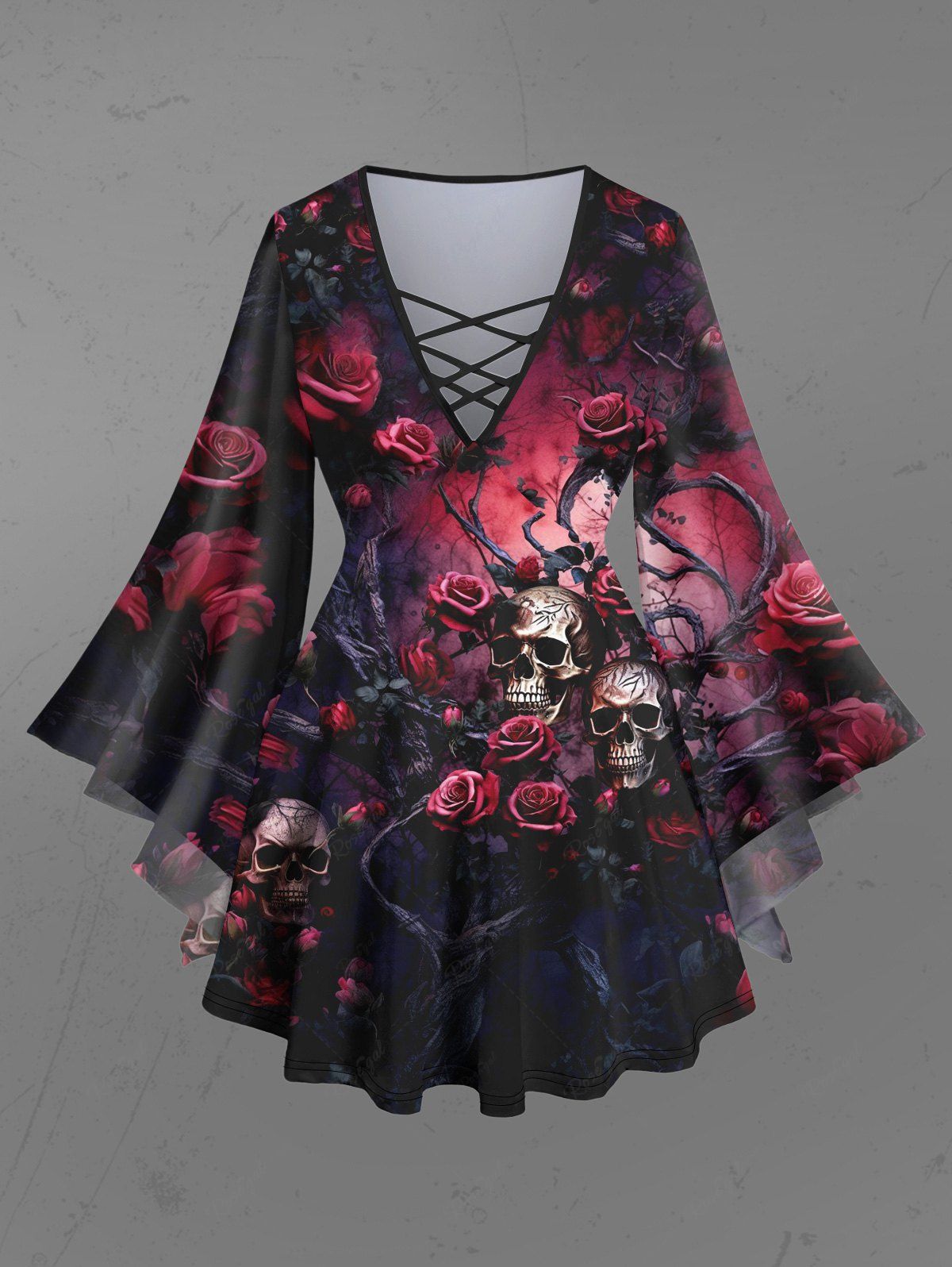 Gothic Plus Size Valentine's Day 3D Distressed Skull Rose Flower Tree Branch Print Flare Sleeves Lattice Ombre Blouse