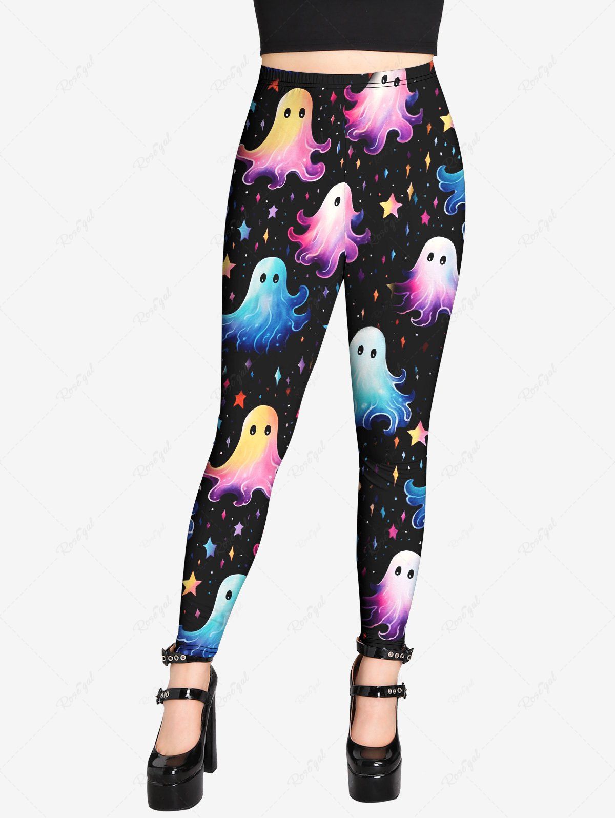 Gothic Plus Size Colorful Cute Ombre Ghost Stars Print Skinny Pull On Leggings