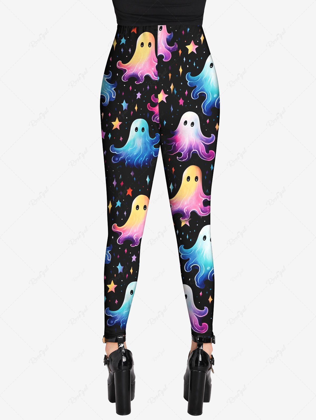 Gothic Plus Size Colorful Cute Ombre Ghost Stars Print Skinny Pull On Leggings