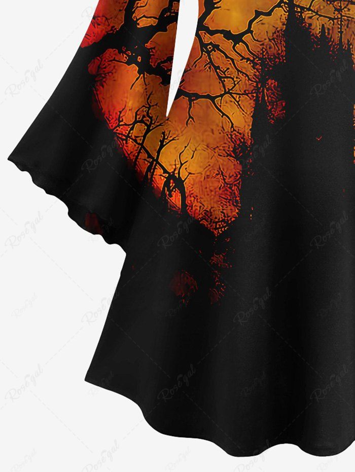 Gothic Plus Size Flare Sleeves Tree Branch Ombre Dusk Print A Line Dress