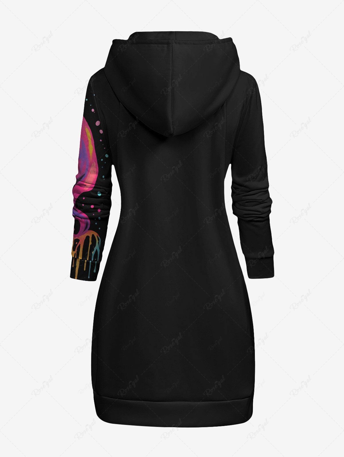 Gothic Plus Size Colorful Ink Dropped Skull Mask Girl Print Pocket Drawstring Pullover Hoodie