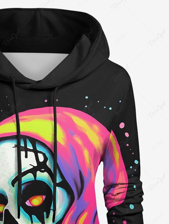 Gothic Plus Size Colorful Ink Dropped Skull Mask Girl Print Pocket Drawstring Pullover Hoodie