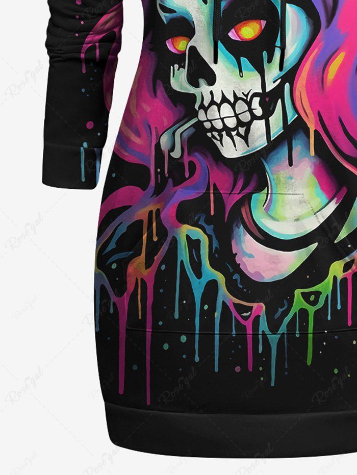 Gothic Plus Size Colorful Ink Dropped Skull Mask Girl Print Pocket Drawstring Pullover Hoodie