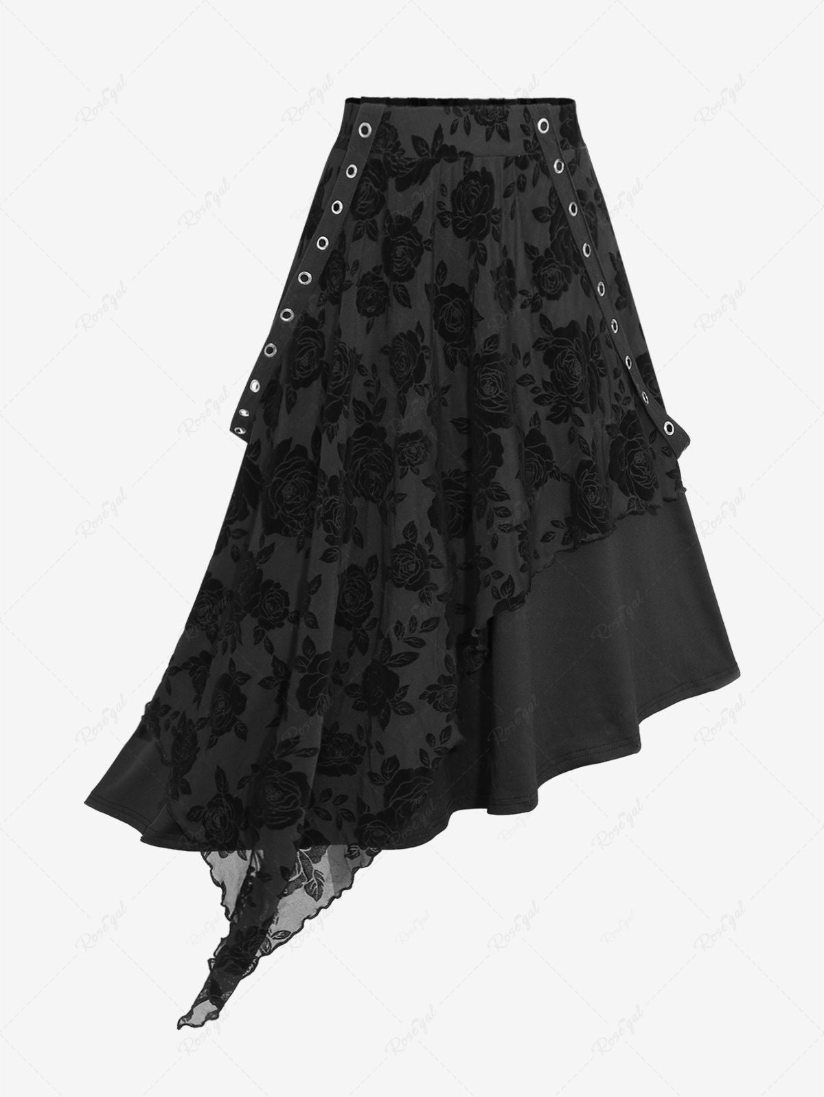 Gothic Rose Flower Mesh Flocking Layered Grommet Asymmetric A Line Suspender Skirt