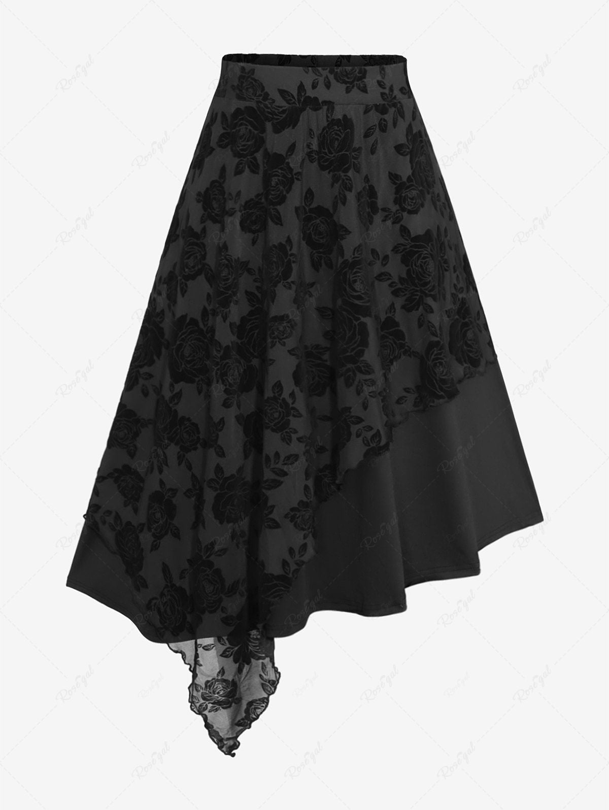 Gothic Rose Flower Mesh Flocking Layered Grommet Asymmetric A Line Suspender Skirt