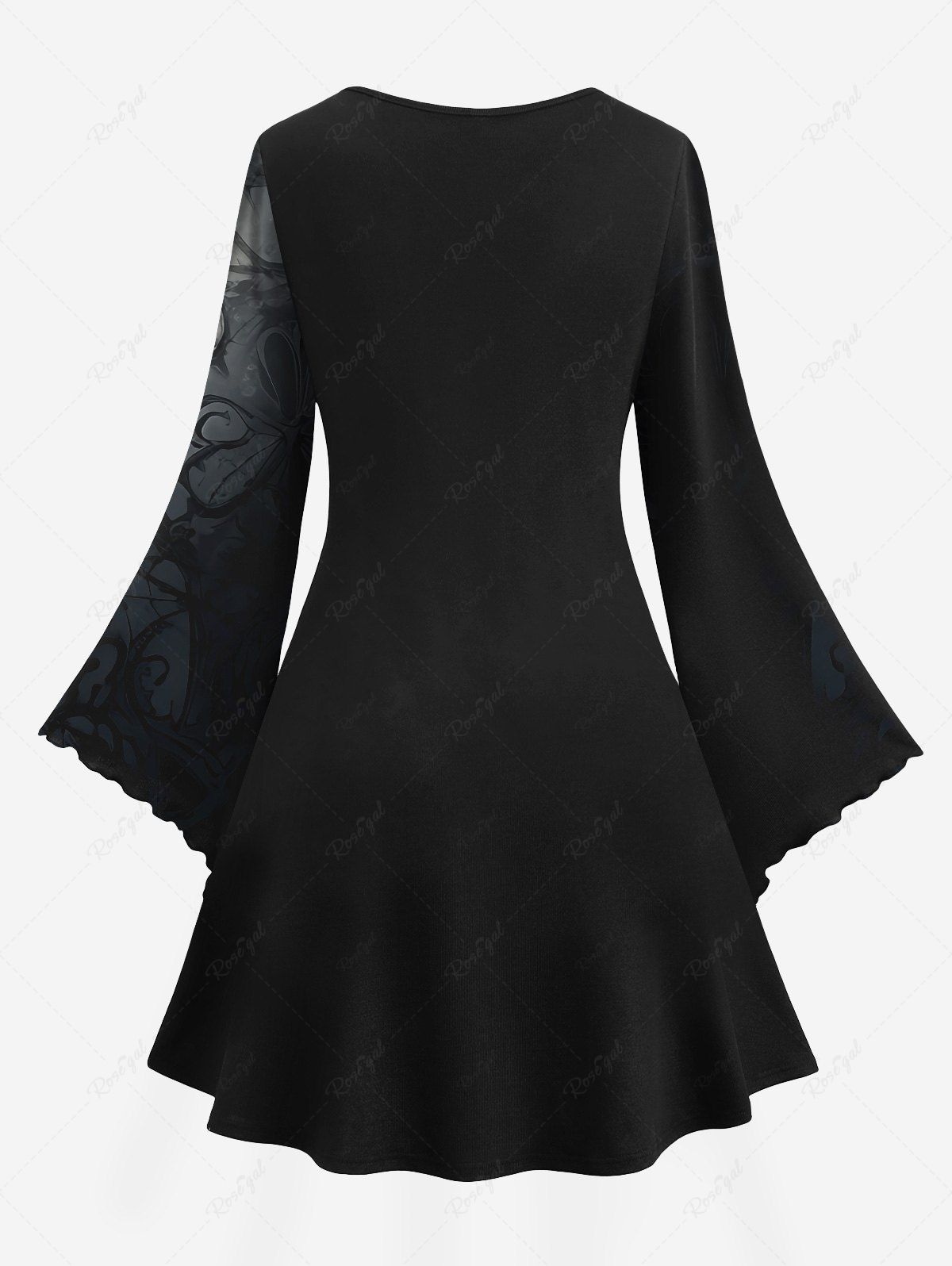 Gothic Plus Size 3D Glitter Christmas Light Skulls Ink Floral Print Flare Sleeves Ombre A Line Dress