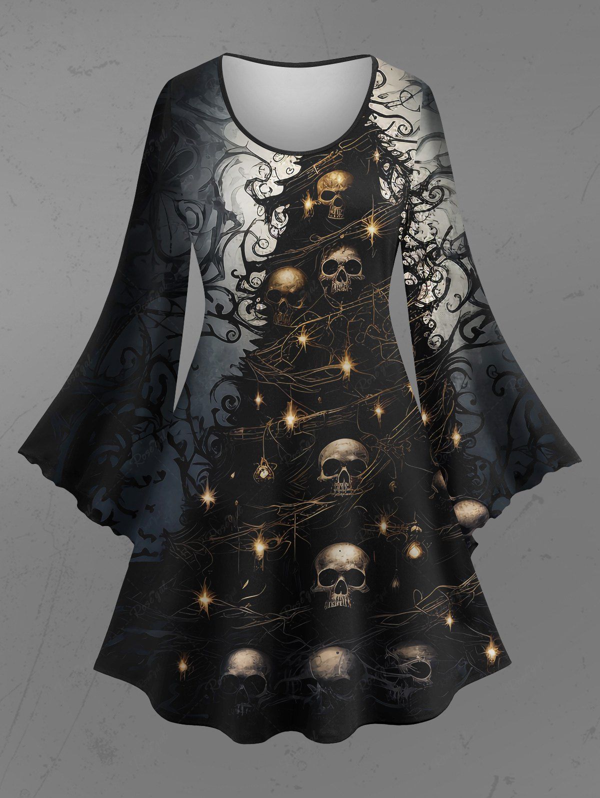 Gothic Plus Size 3D Glitter Christmas Light Skulls Ink Floral Print Flare Sleeves Ombre A Line Dress