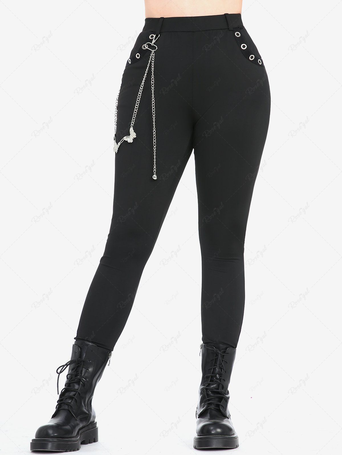 Gothic Plus Size Pockets Grommets Butterfly Chains Leggings