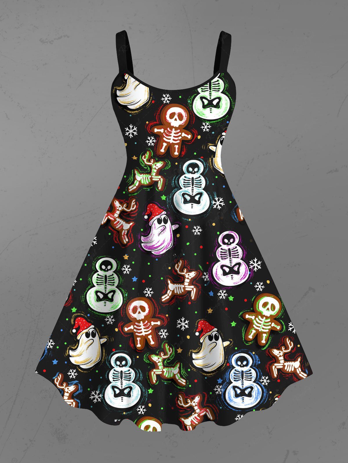 Gothic Plus Size Christmas 3D Skeleton Gingerbread Snowman Snowflake Elk Ghost Star Print A Line Tank Dress