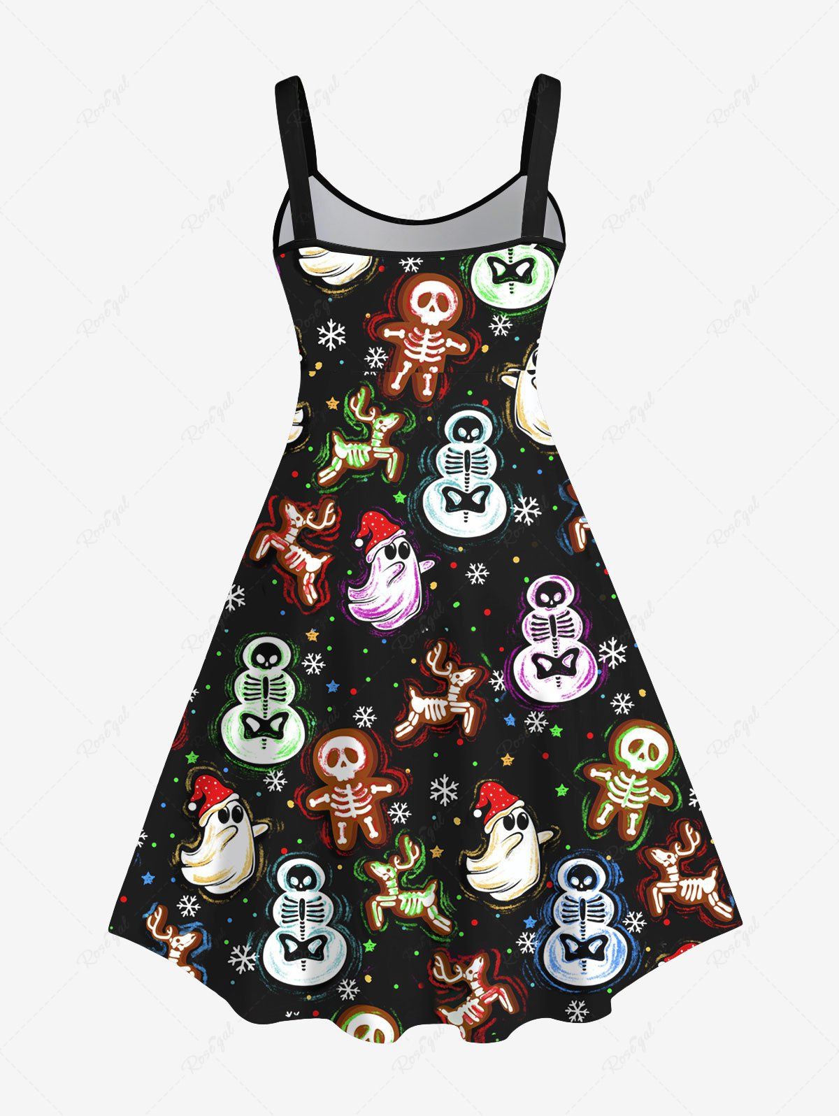 Gothic Plus Size Christmas 3D Skeleton Gingerbread Snowman Snowflake Elk Ghost Star Print A Line Tank Dress