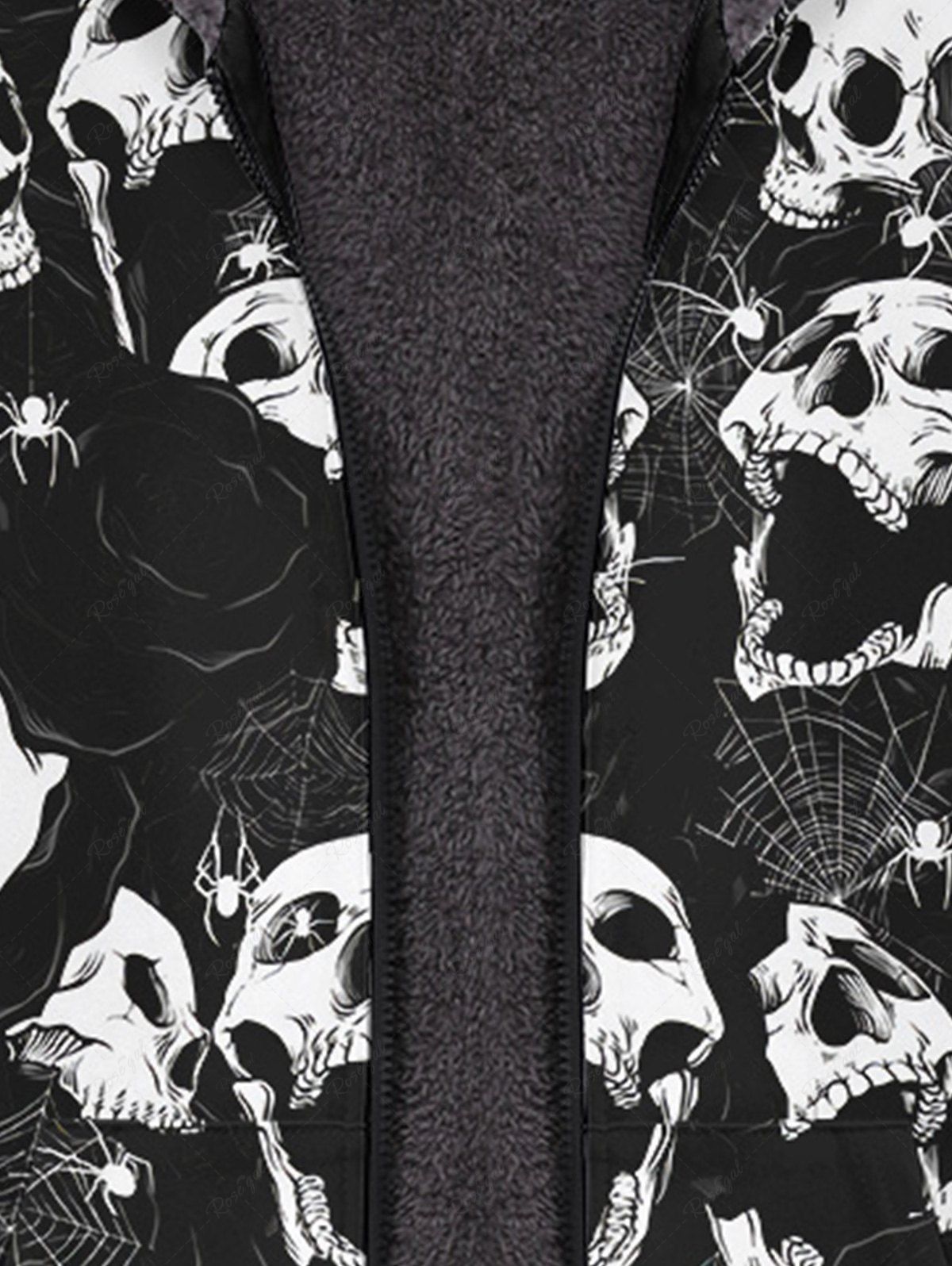 Gothic Skulls Spider Web Rose Flower Print Zip Up Pockets Fleece Lining Hoodie For Men