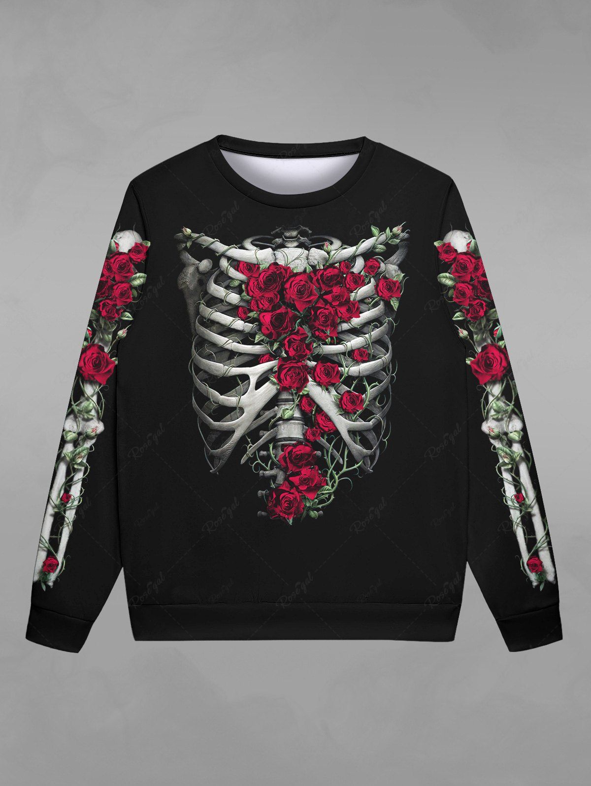 Gothic Skeleton Rose Flower Print Crew Neck Sweatshirt For Men