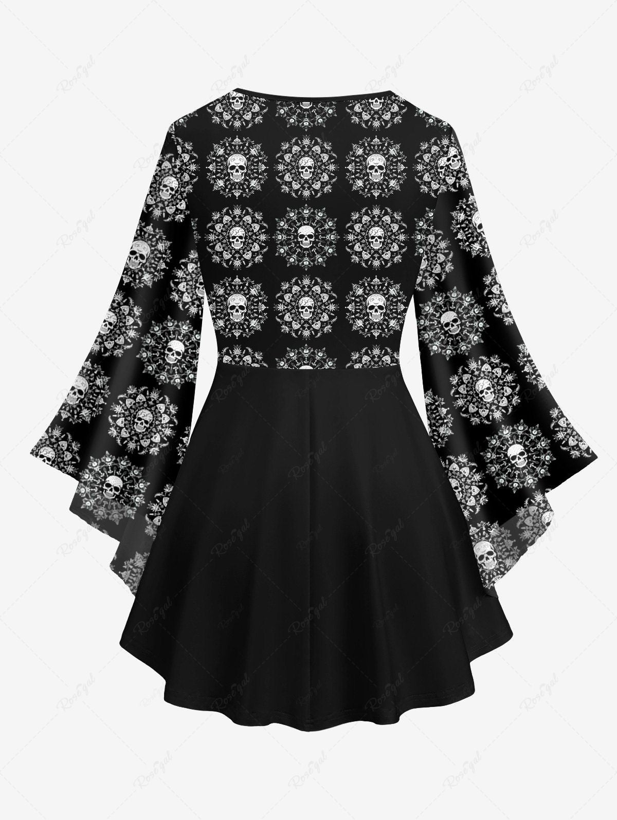 Gothic Plus Size Flare Sleeves Skulls Sunflower Print Lattice Patchwork Blouse