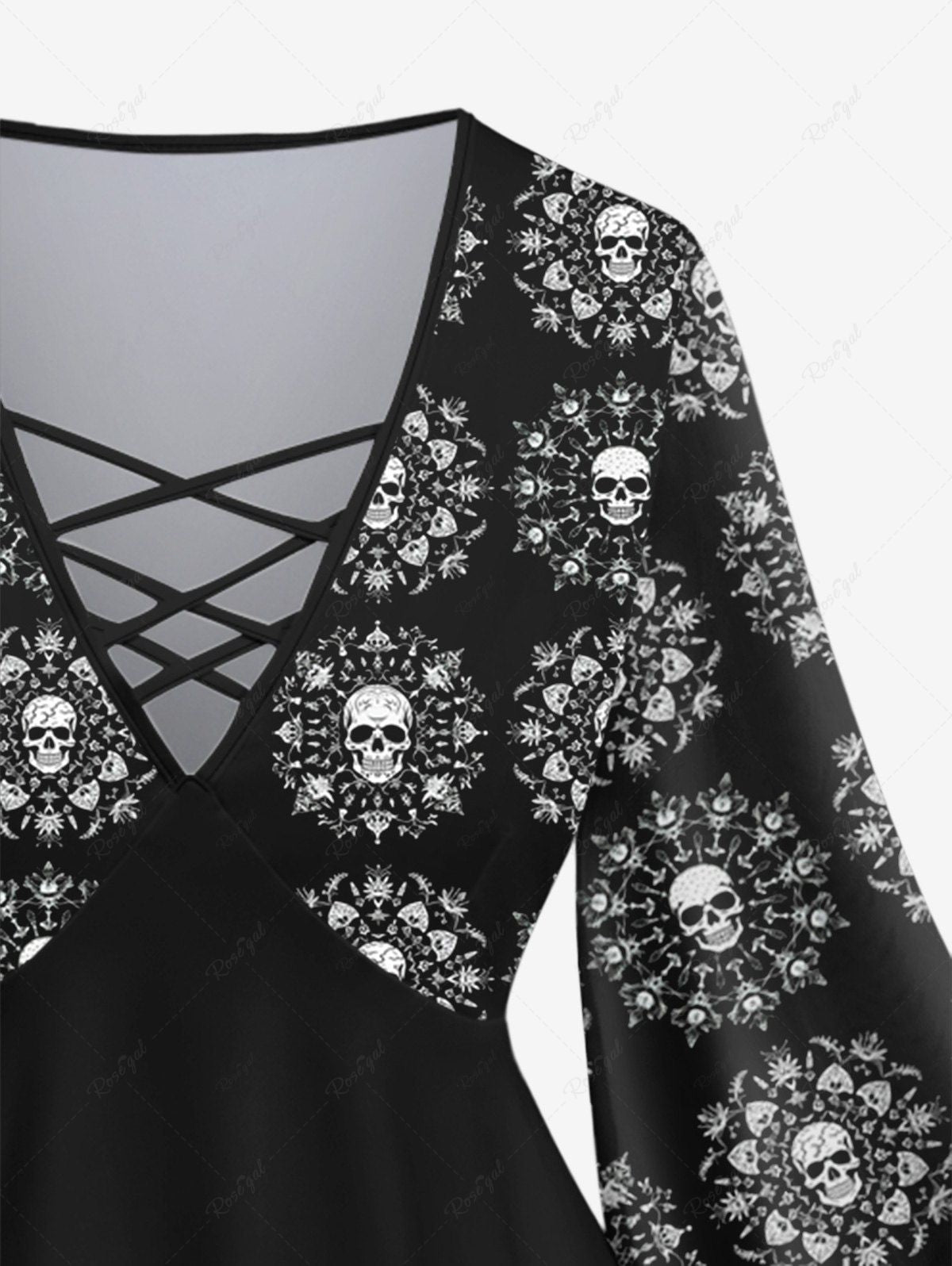 Gothic Plus Size Flare Sleeves Skulls Sunflower Print Lattice Patchwork Blouse