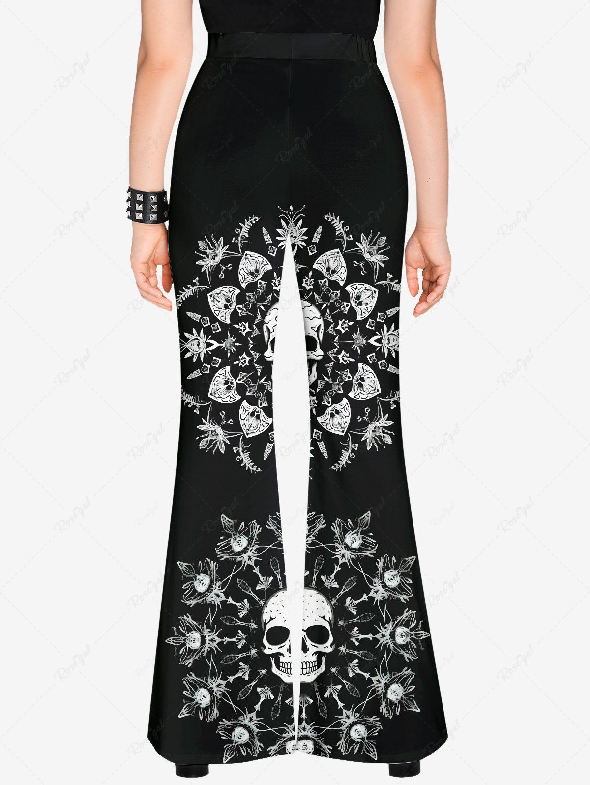 Gothic Plus Size Skulls Sunflower Print Pull On Flare Pants