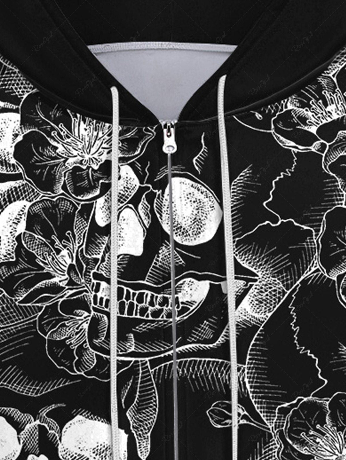 Gothic 3D Skull Rose Flower Mesh Print Zipper Pocket Drawstring Hoodie For Men