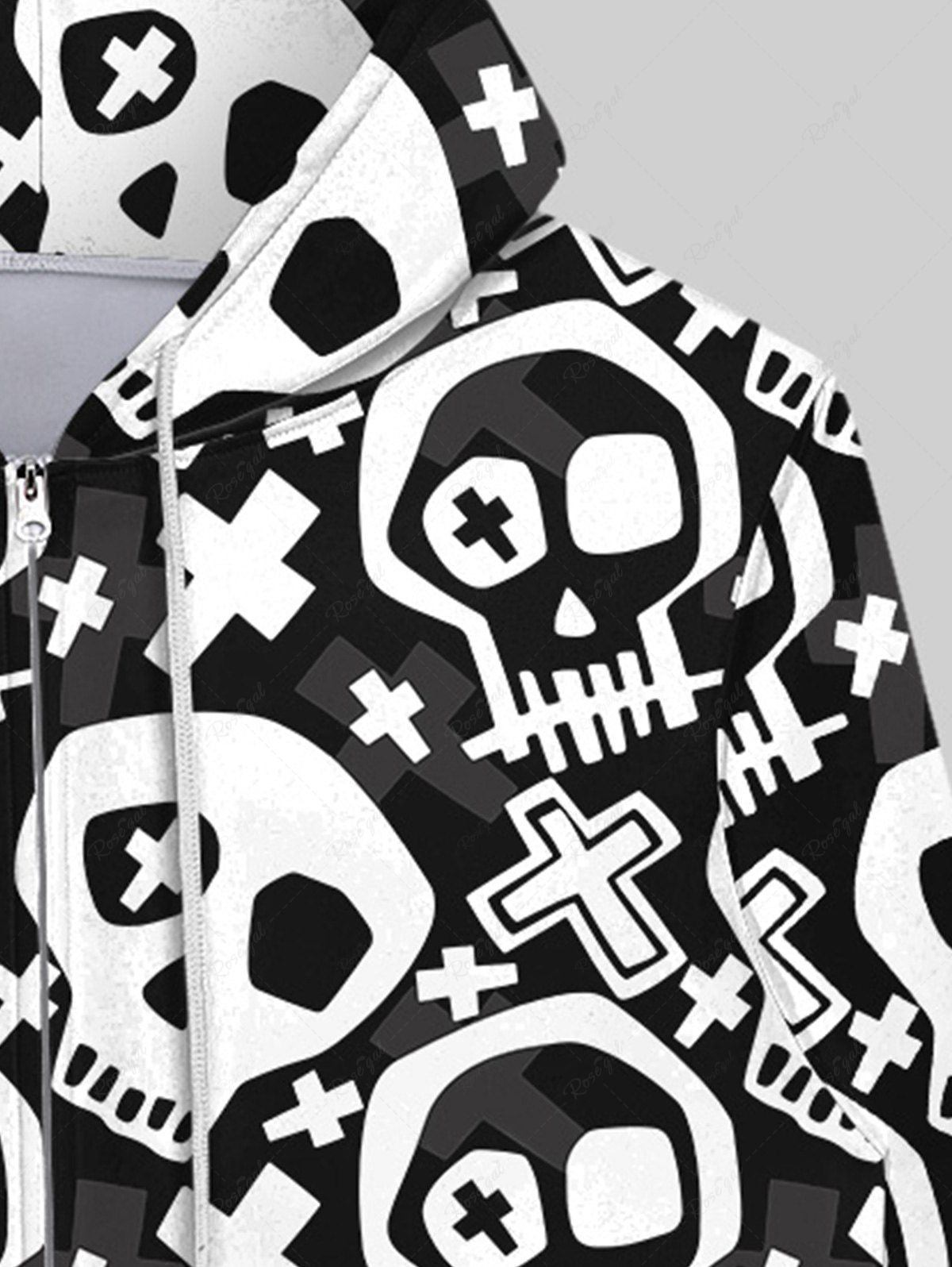 Gothic Skulls Cross Print Two Tone Zip Up Pockets Hoodie For Men