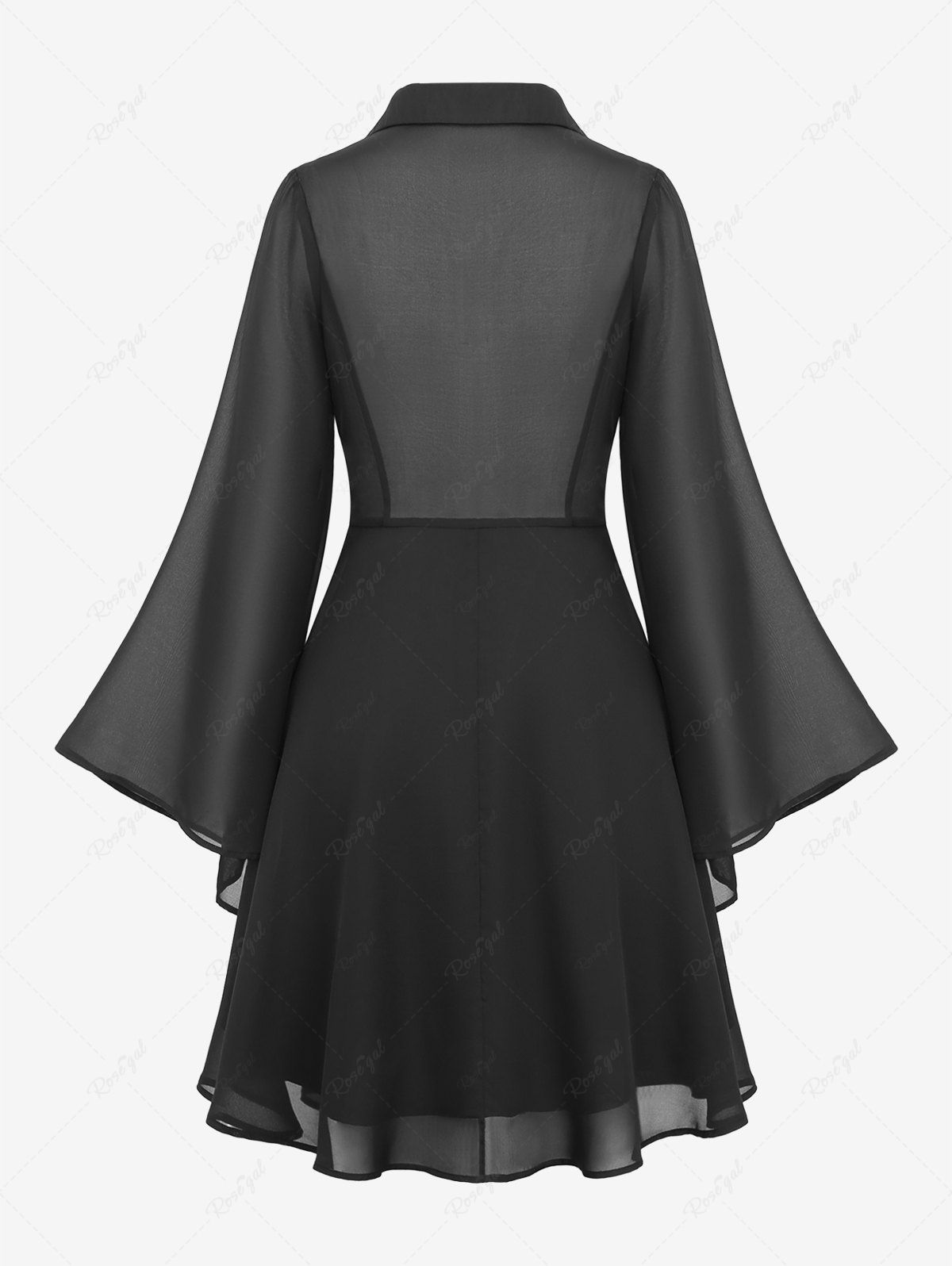 Gothic Plus Size Flare Sleeves Turn-down Collar Cross Half Zipper Lace Trim Layered PU Panel Corset Chiffon Solid Halloween A Line Dress