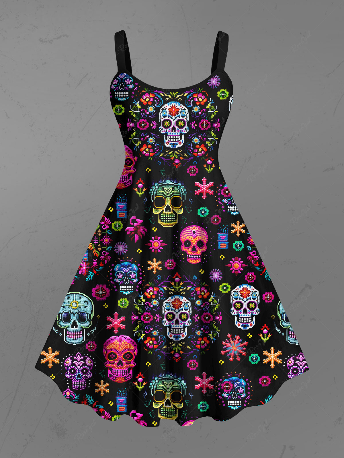 Gothic Valentine's Day Colorful Floral Skulls Snowflake Heart Print A Line Tank Dress
