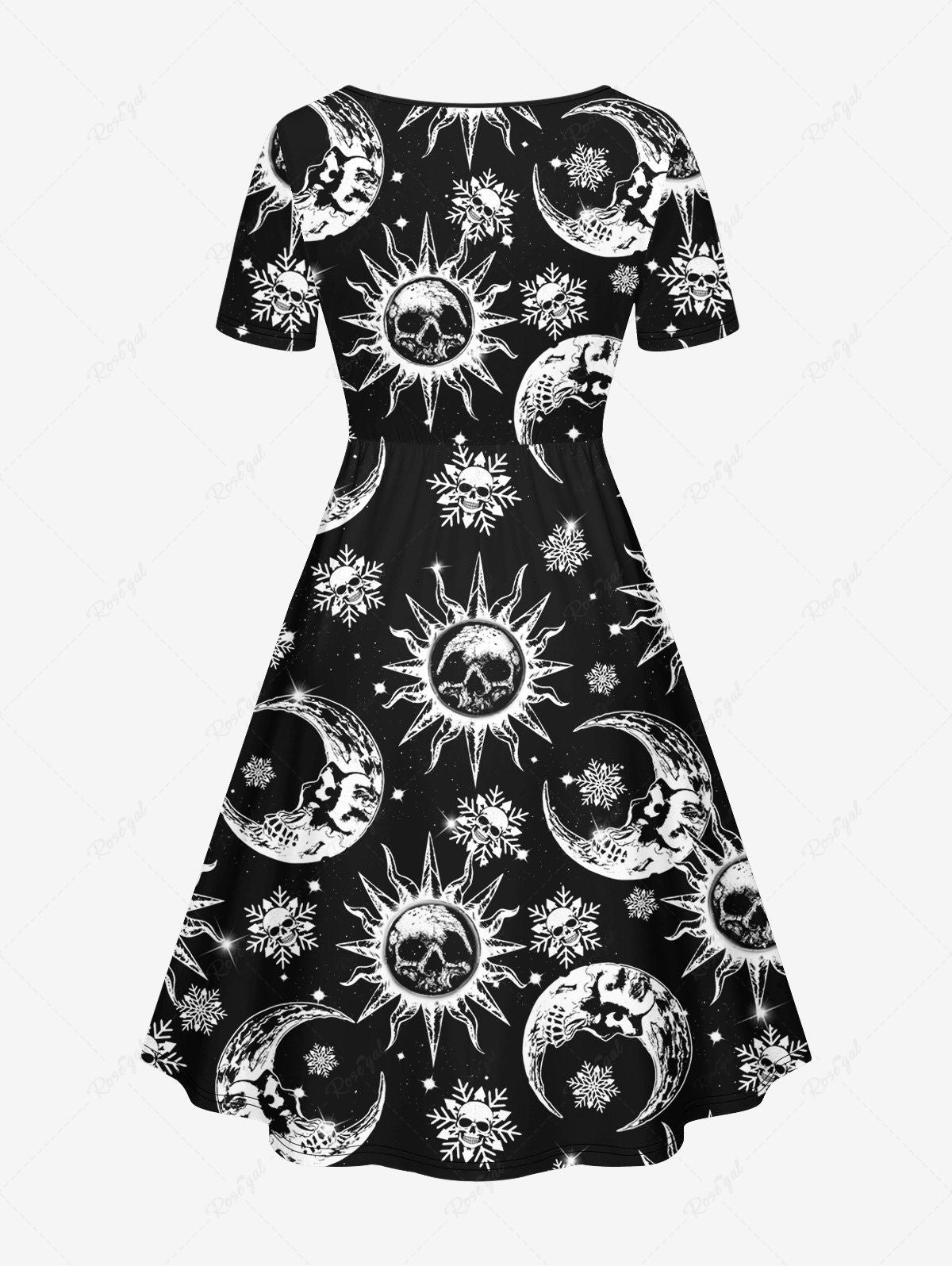 Gothic Glitter Skull Sun Moon Snowflake Print Christmas Cinched A Line Dress