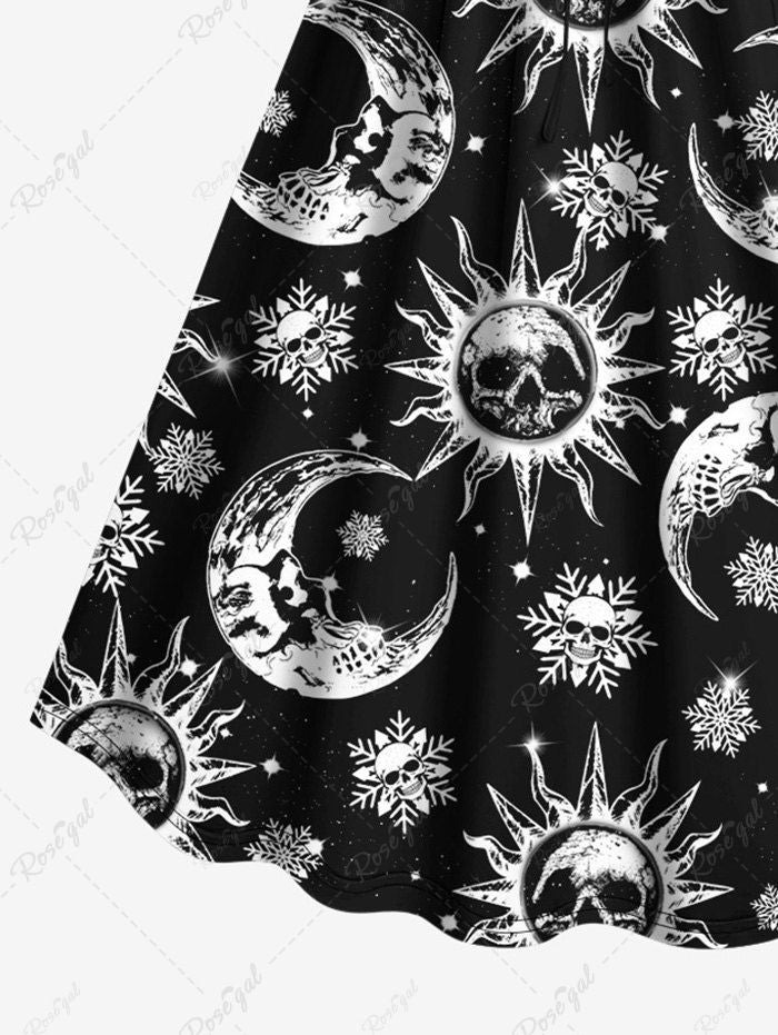 Gothic Glitter Skull Sun Moon Snowflake Print Christmas Cinched A Line Dress