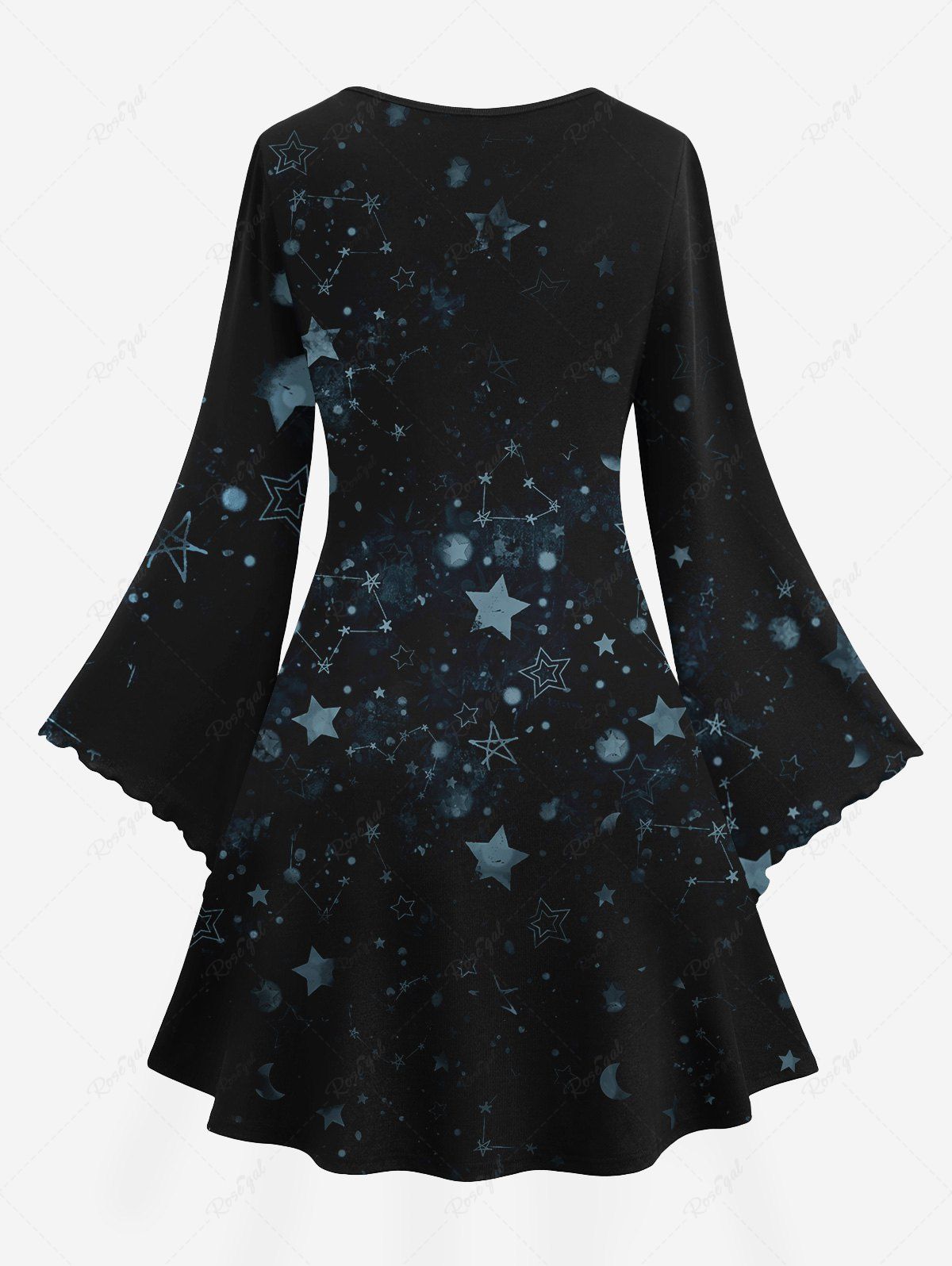 Gothic Plus Size Flare Sleeves Christmas Hat Ghost Tree Ball Stars Symbol Print A Line Dress