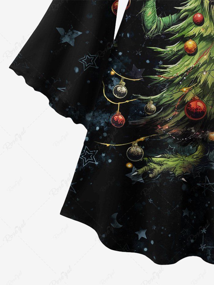 Gothic Plus Size Flare Sleeves Christmas Hat Ghost Tree Ball Stars Symbol Print A Line Dress