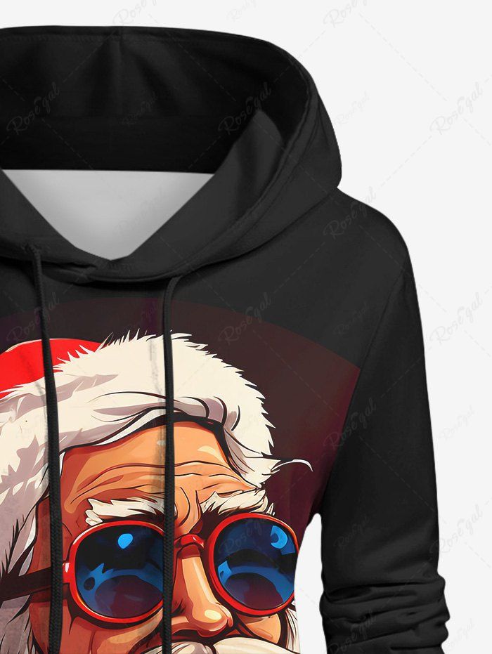 Gothic Plus Size Sunglasses Santa Claus Print Christmas Pocket Drawstring Pullover Long Sleeves Hoodie