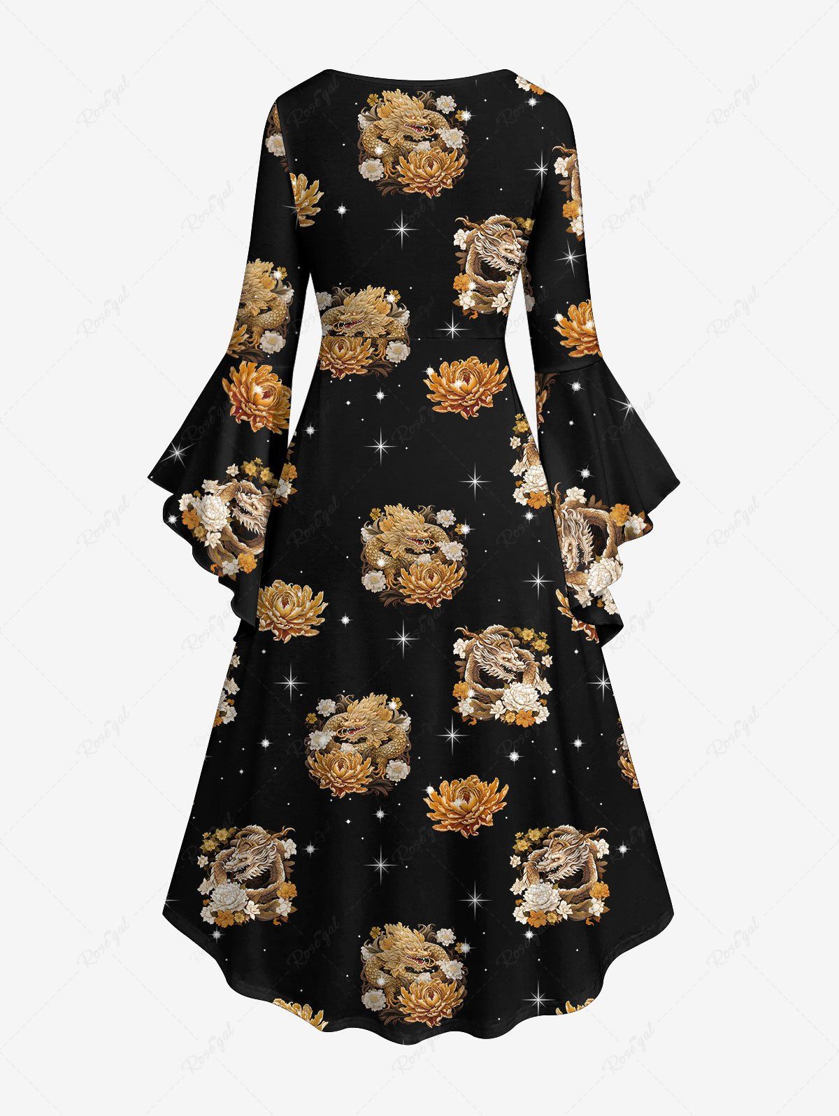 Gothic Plus Size Flare Sleeves Dragon Flower Glitter Sparkling Stars Galaxy Print Ruched High Low A Line Dress