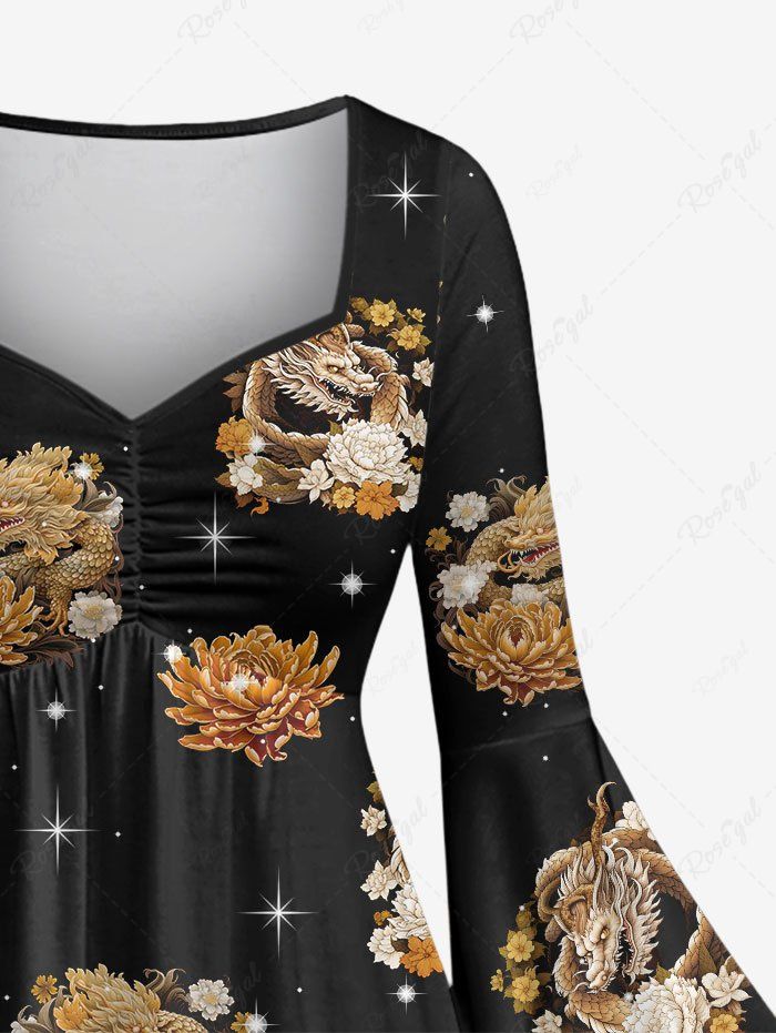 Gothic Plus Size Flare Sleeves Dragon Flower Glitter Sparkling Stars Galaxy Print Ruched High Low A Line Dress