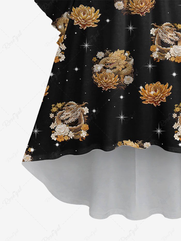 Gothic Plus Size Flare Sleeves Dragon Flower Glitter Sparkling Stars Galaxy Print Ruched High Low A Line Dress