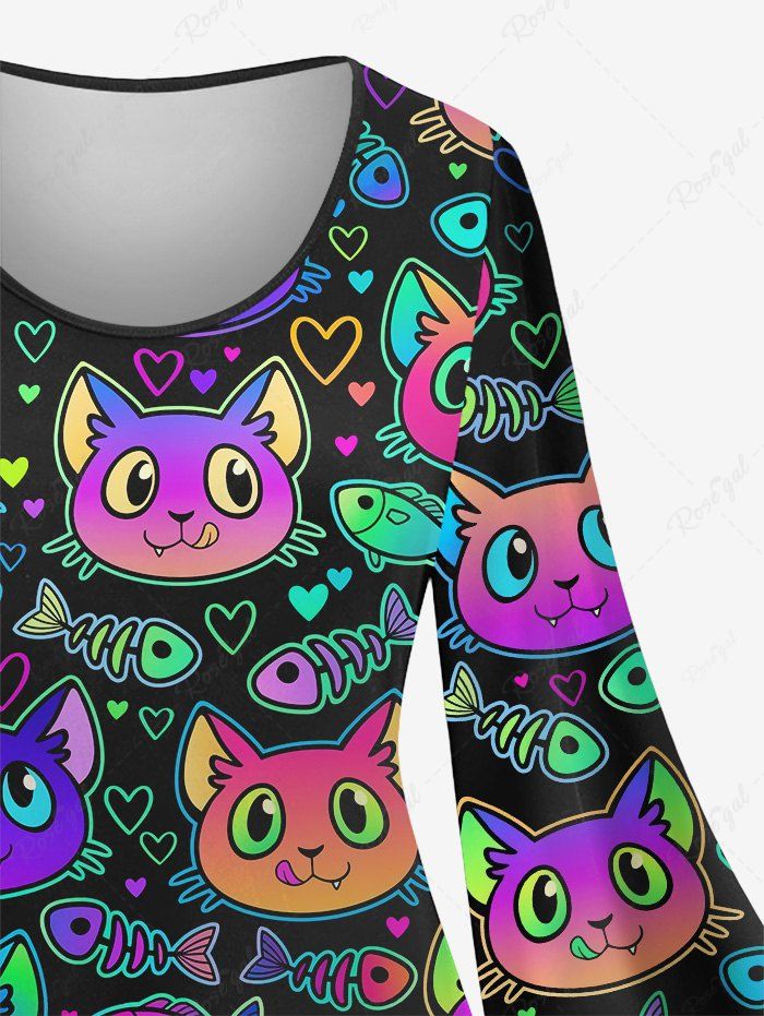 Gothic Plus Size Flare Sleeves Colorful Cat Fish Heart Print Ombre A Line Dress