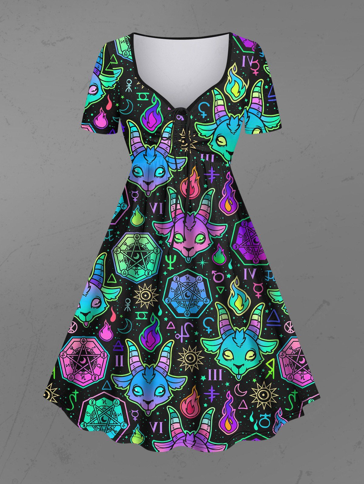 Gothic Plus Size Colorful Sheep Head Flame Sun Moon Galaxy Constellation Divination Print Cinched Ombre A Line Dress