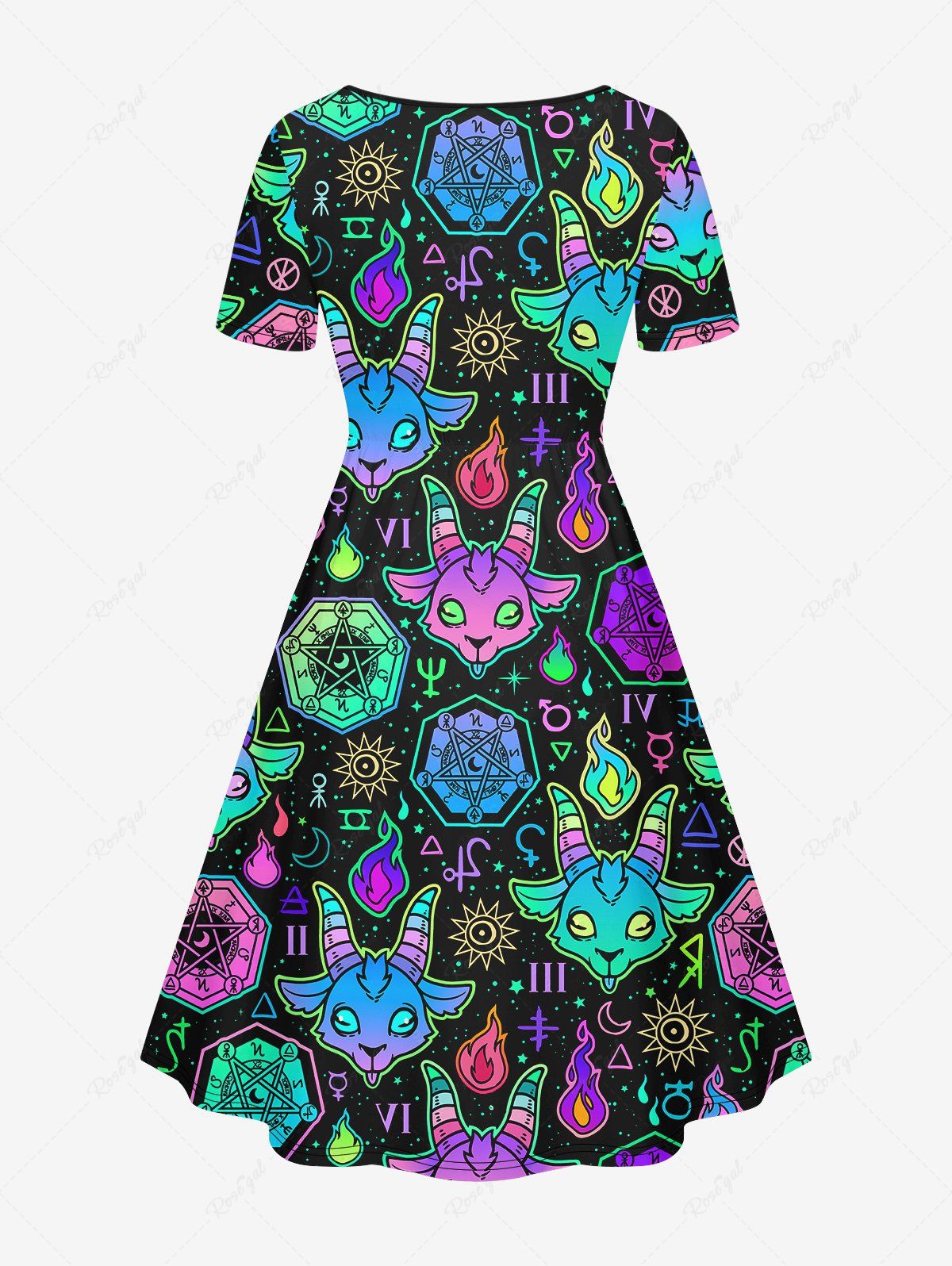 Gothic Plus Size Colorful Sheep Head Flame Sun Moon Galaxy Constellation Divination Print Cinched Ombre A Line Dress