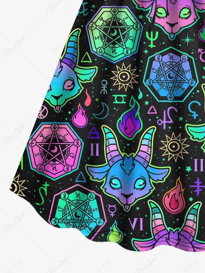 Gothic Plus Size Colorful Sheep Head Flame Sun Moon Galaxy Constellation Divination Print Cinched Ombre A Line Dress