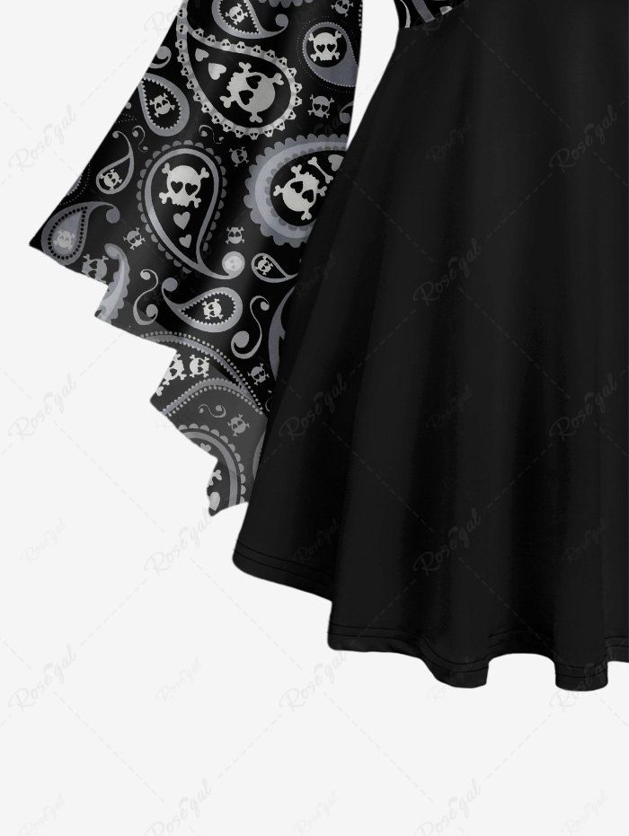 Gothic Plus Size Flare Sleeves Skulls Heart Paisley Print Lattice Patchwork Blouse