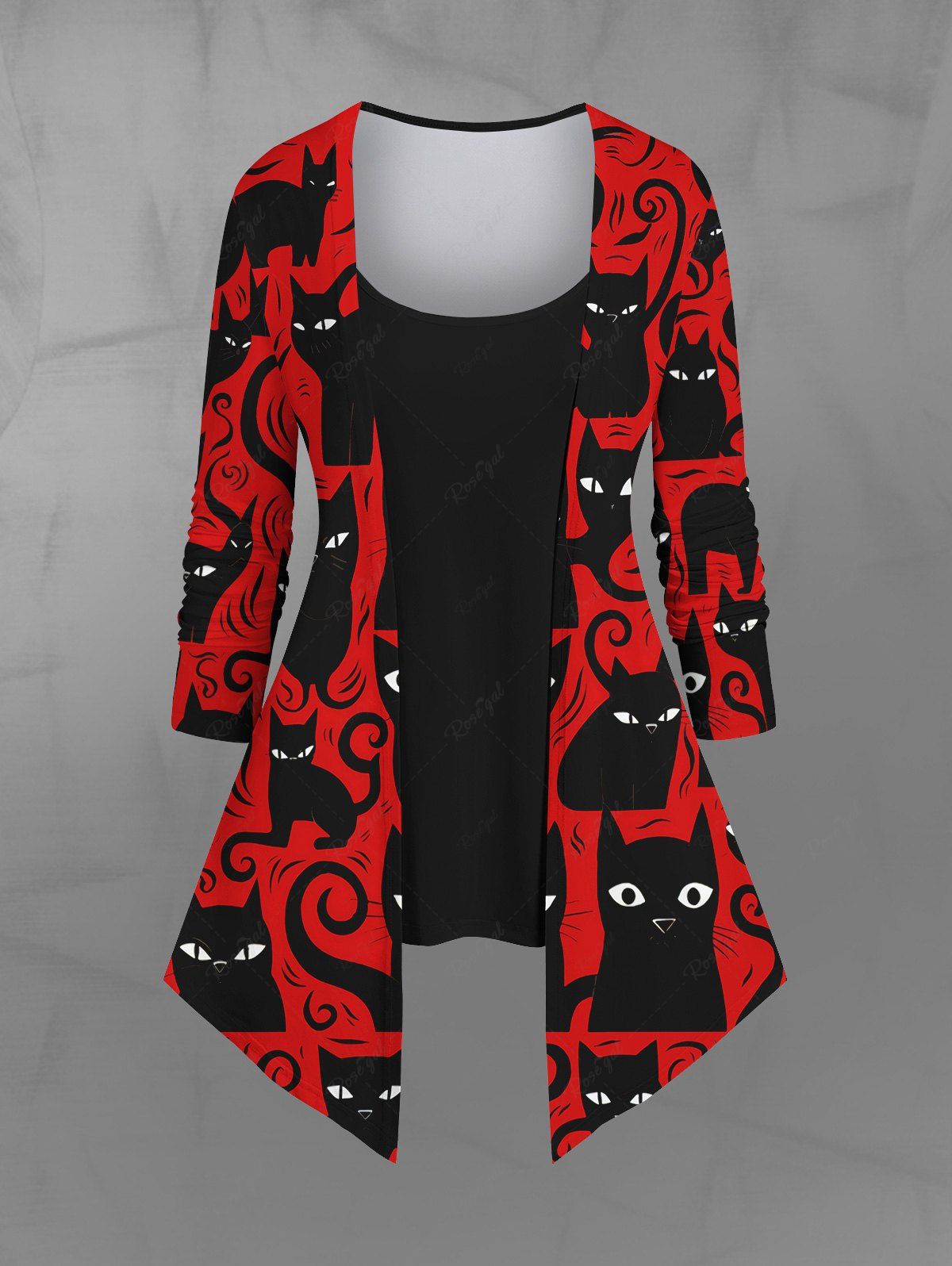 Gothic Plus Size Valentine's Day Cat Colorblock Printed Patchwork Asymmetric 2 in 1 Long Sleeves Top