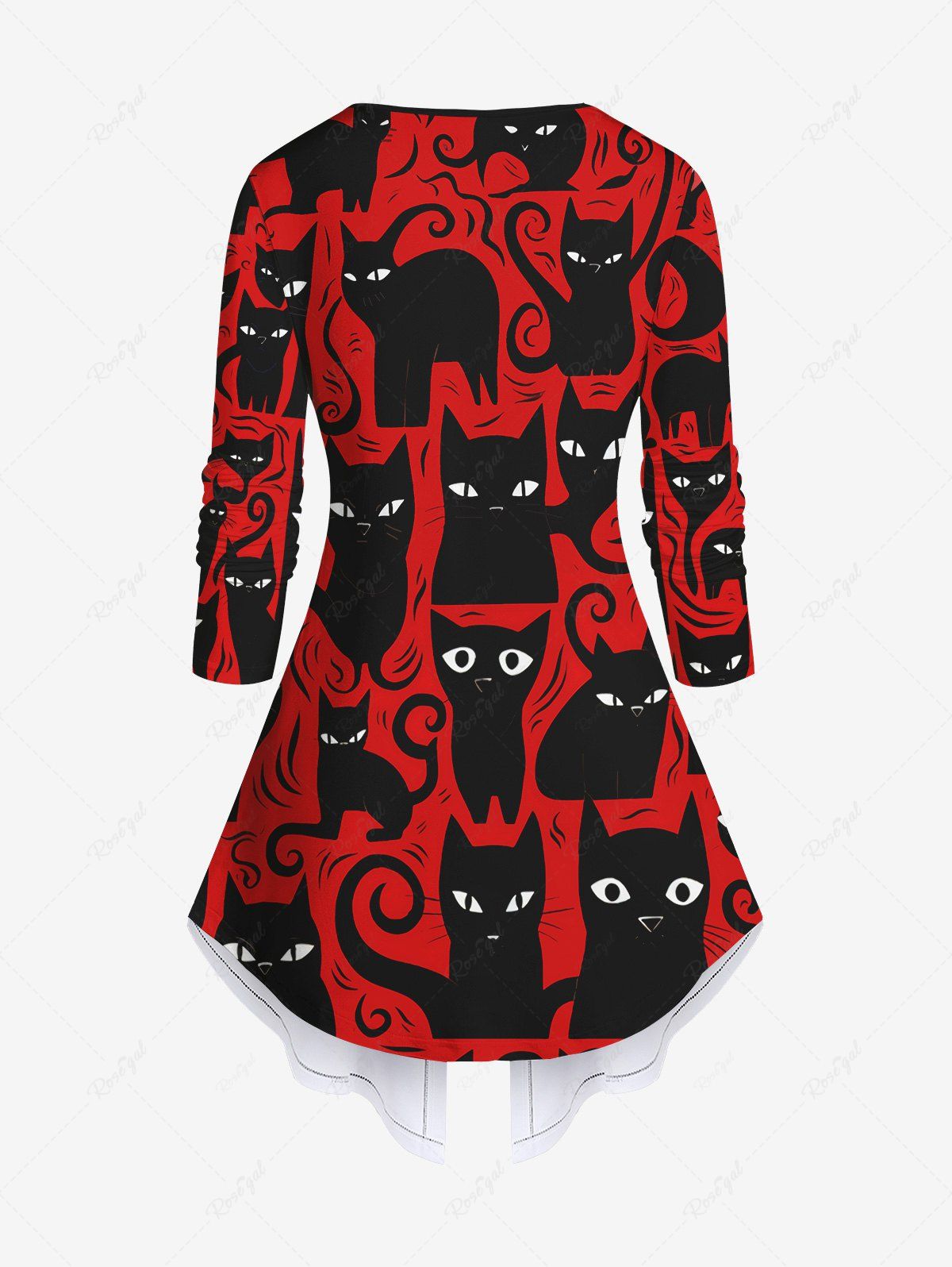 Gothic Plus Size Valentine's Day Cat Colorblock Printed Patchwork Asymmetric 2 in 1 Long Sleeves Top