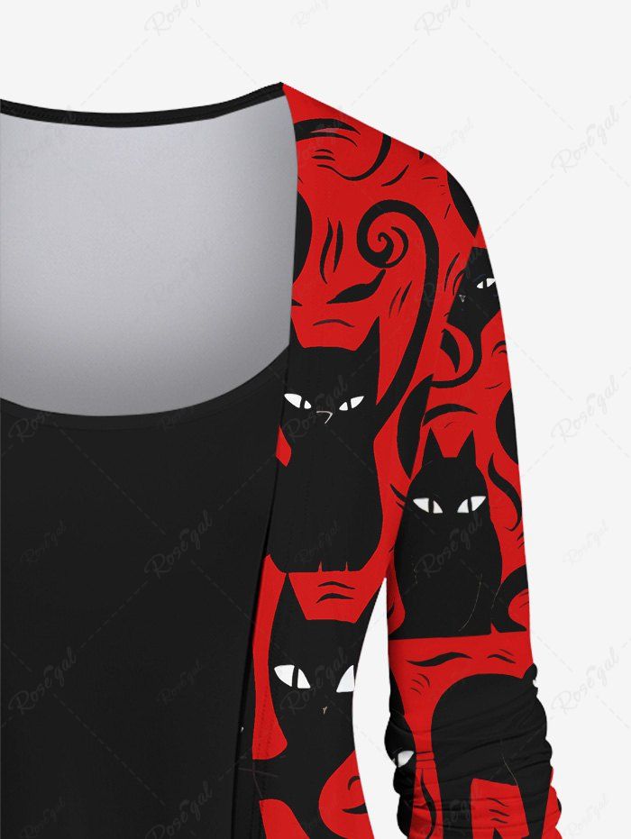 Gothic Plus Size Valentine's Day Cat Colorblock Printed Patchwork Asymmetric 2 in 1 Long Sleeves Top