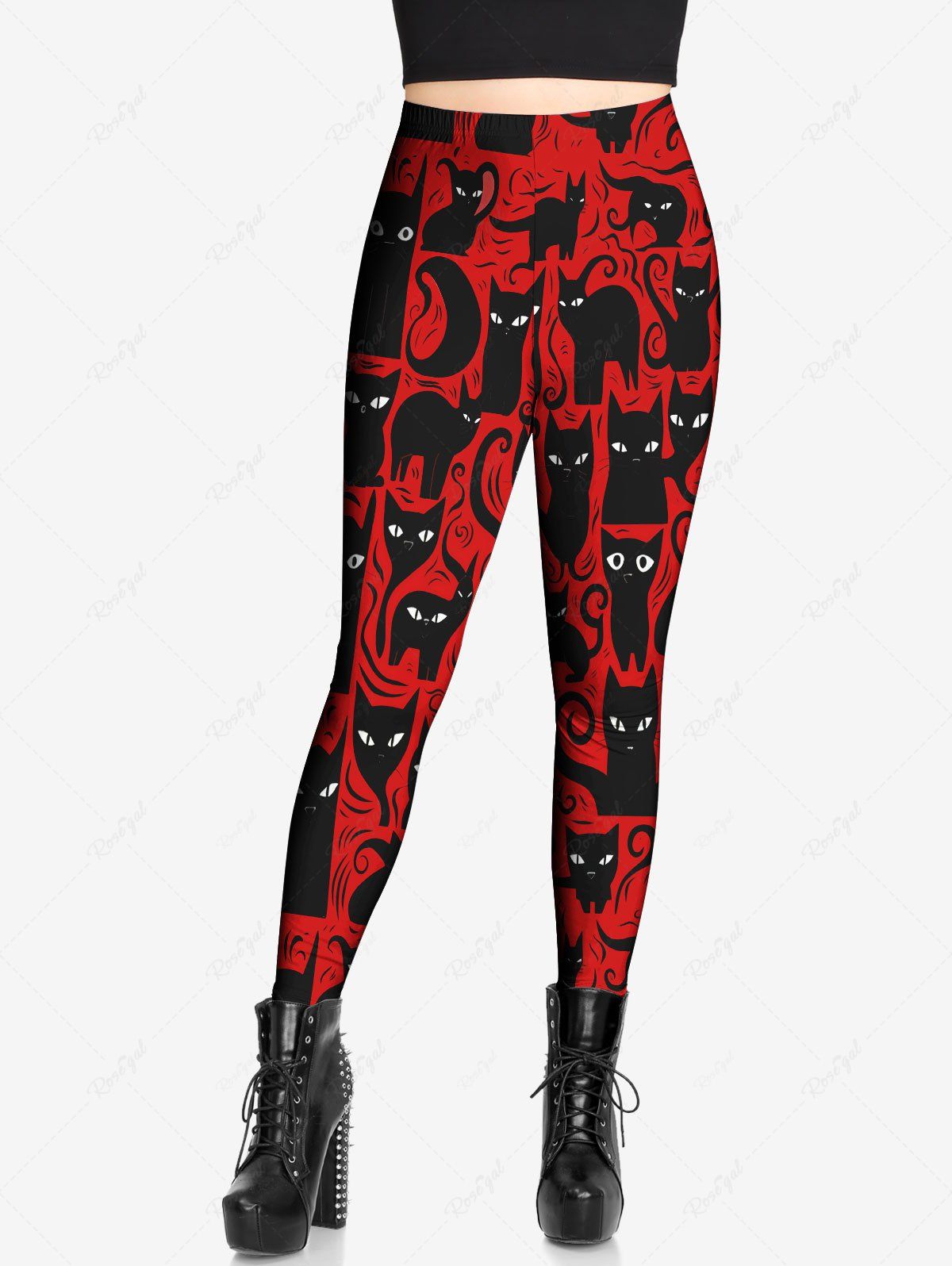 Gothic Plus Size Valentine's Day Cat Colorblock Printed Skinny Pull On Leggings