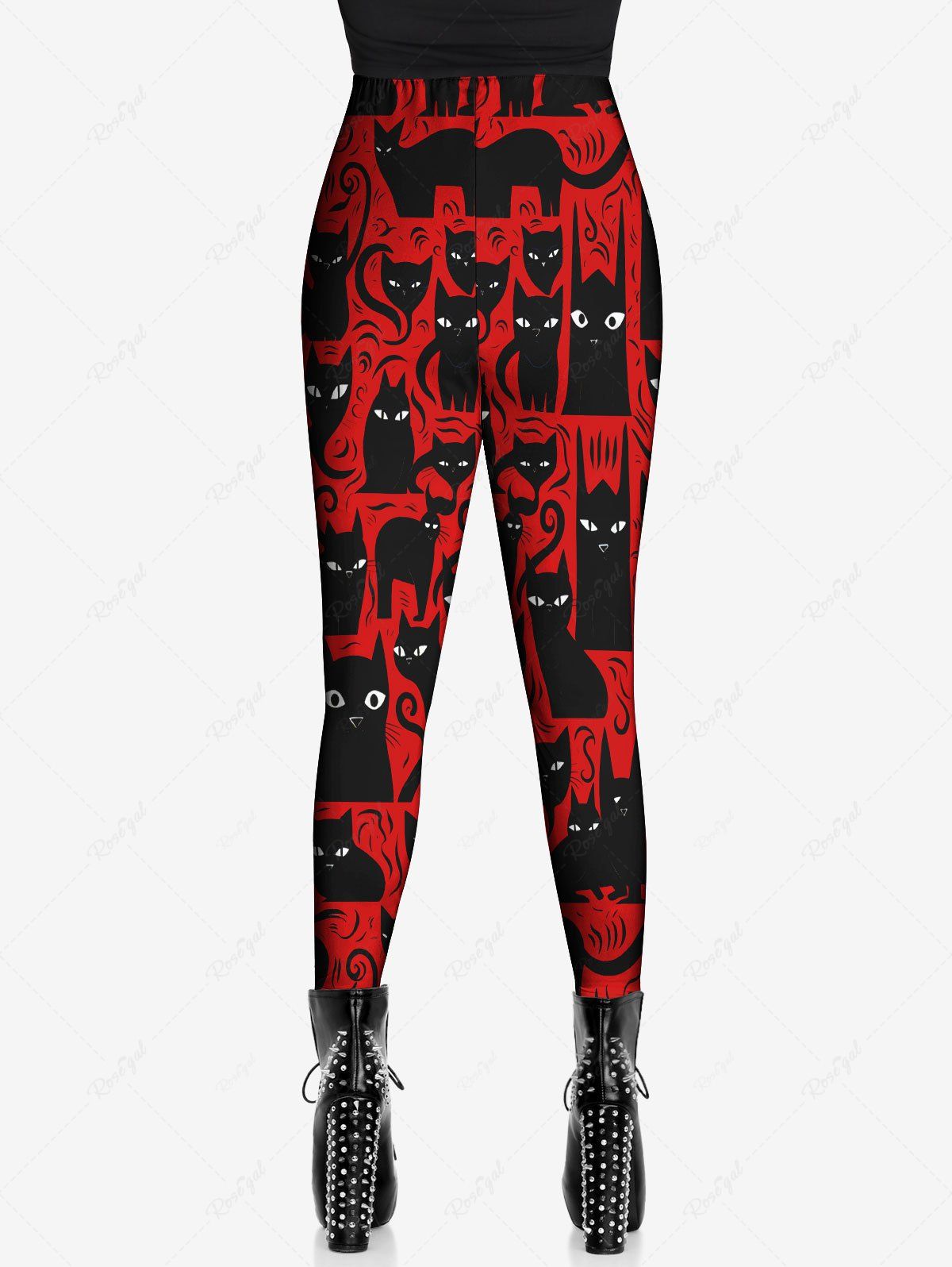 Gothic Plus Size Valentine's Day Cat Colorblock Printed Skinny Pull On Leggings