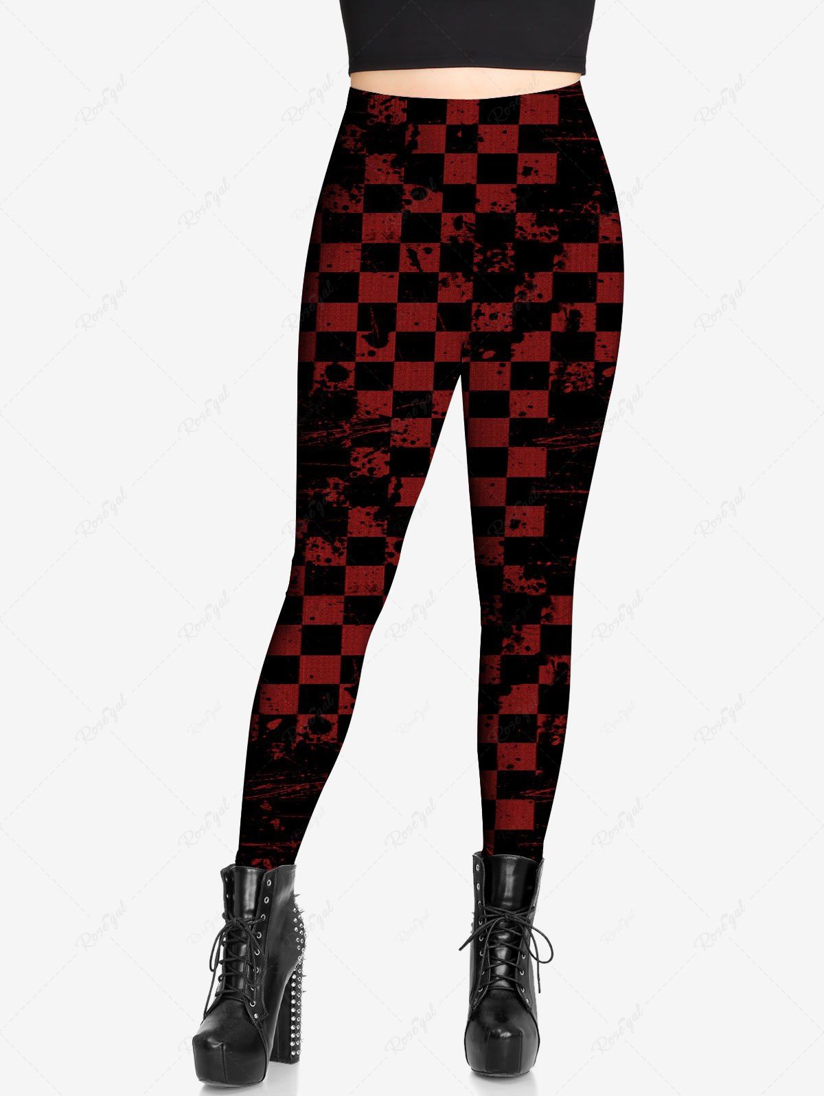 Gothic Plus Size Ink Splatter Plaid Colorblock Print Skinny Leggings