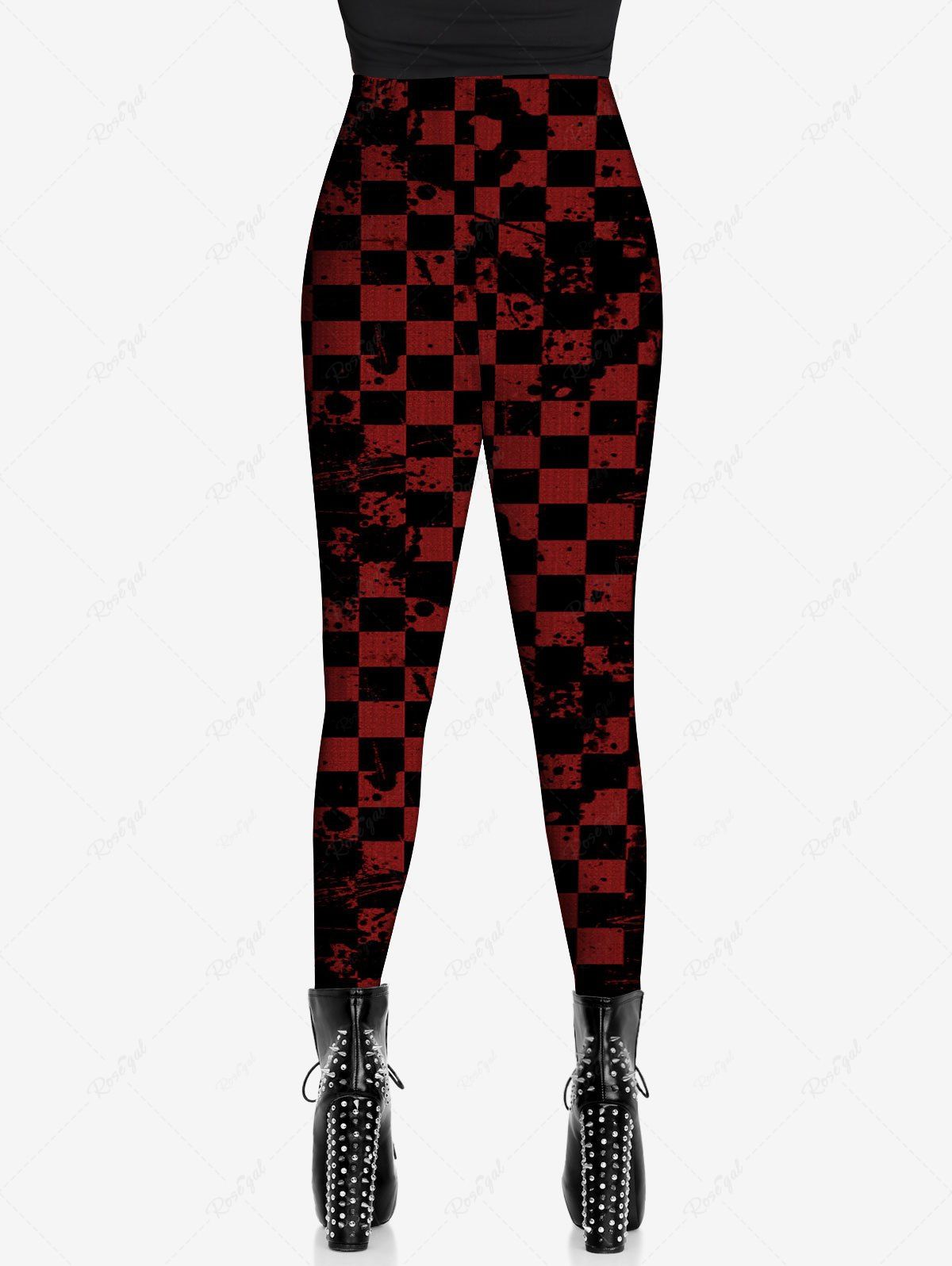 Gothic Plus Size Ink Splatter Plaid Colorblock Print Skinny Leggings