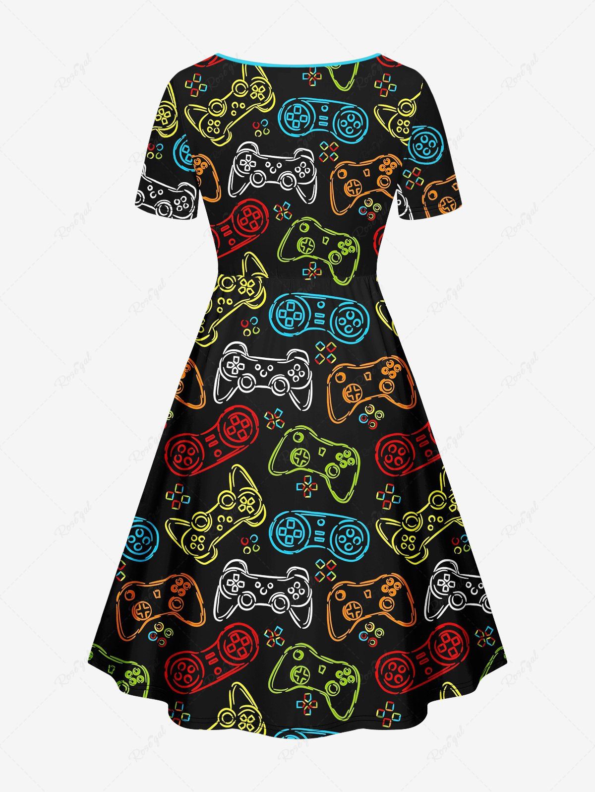 Gothic Plus Size Colorful Gamepad Print Cinched A Line Dress