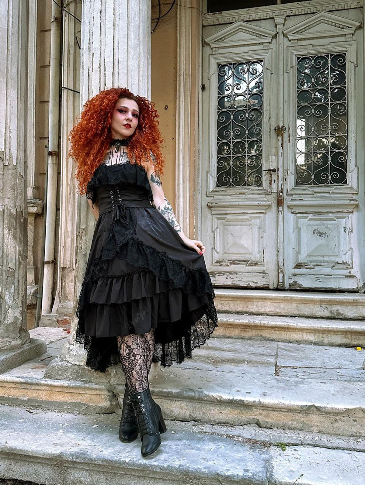 Gothic Butterfly Lace Overlay Bust Tree Embroidered Lace-up Ruffles Ruched Layered High Low Asymmetric A Line Corset Tank Dress